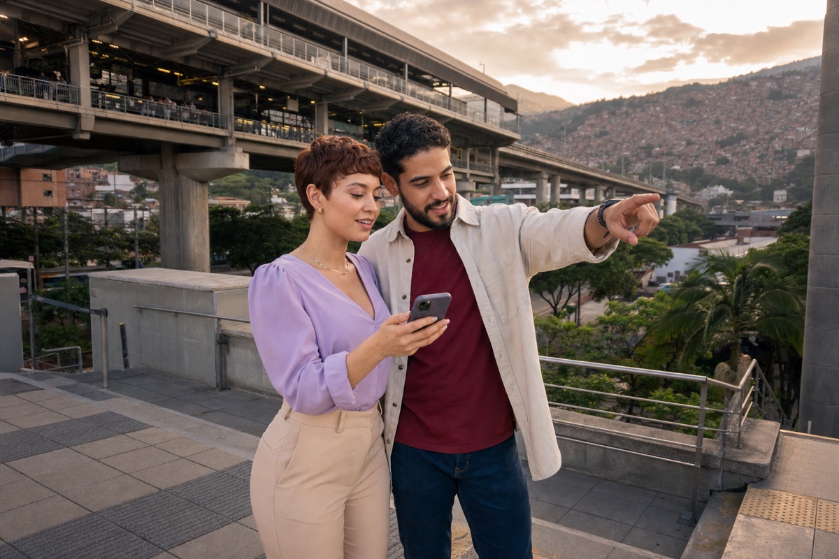 A Colombian woman and her foreign date confirming their route beside a Medellín Metro station before sunset