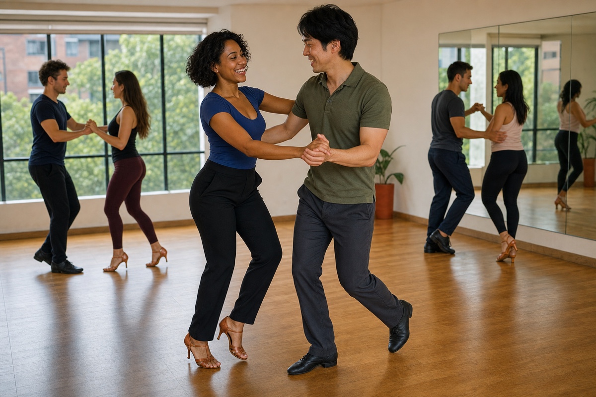 A Colombian woman and a foreign man laughing during a beginner salsa class in Medellín