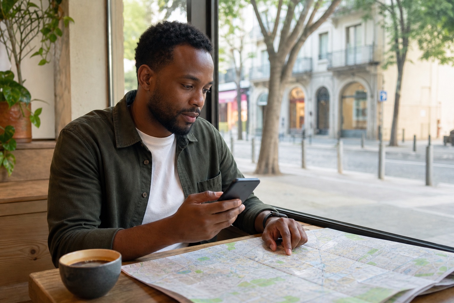 A traveler checking Mexico City profiles and neighborhood distances on a phone beside a cafe window