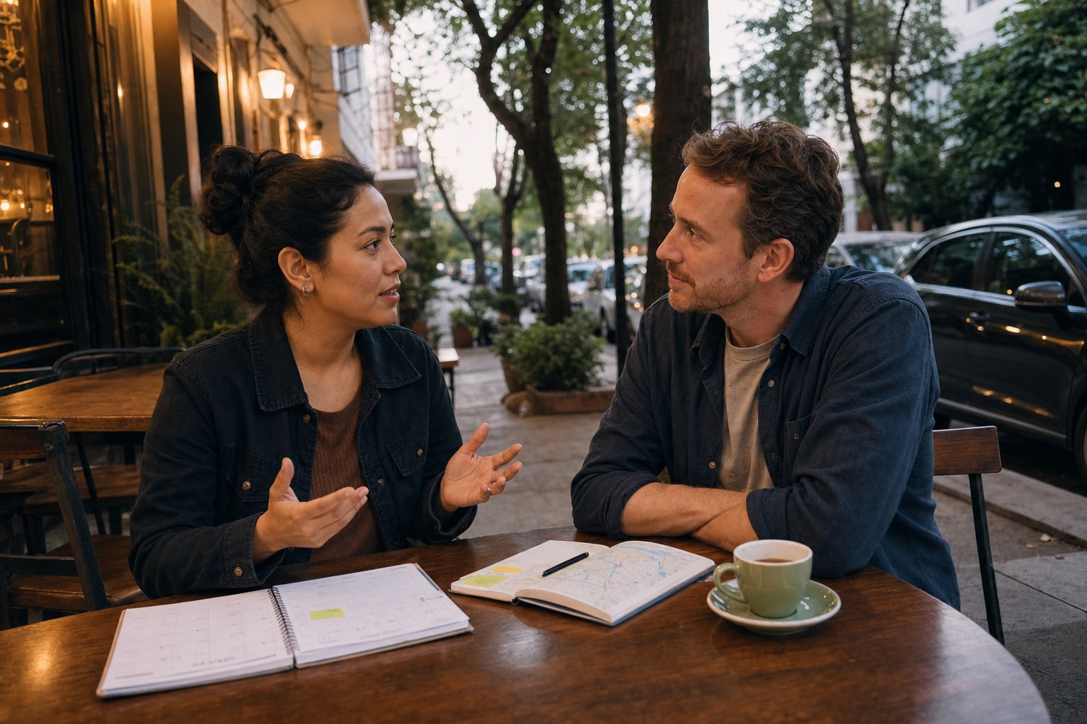 A Mexican woman and a foreign man comparing calendars during an honest conversation at a Mexico City cafe