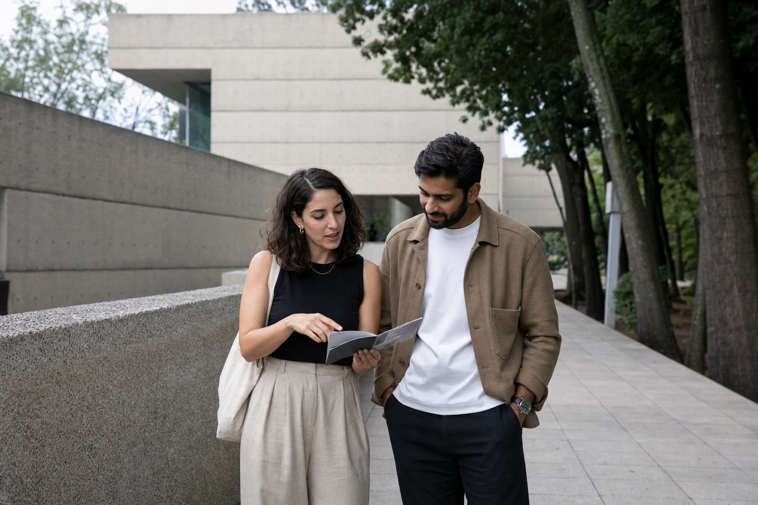 A Mexican woman and a foreign man discussing contemporary art outside Museo Tamayo beside Chapultepec