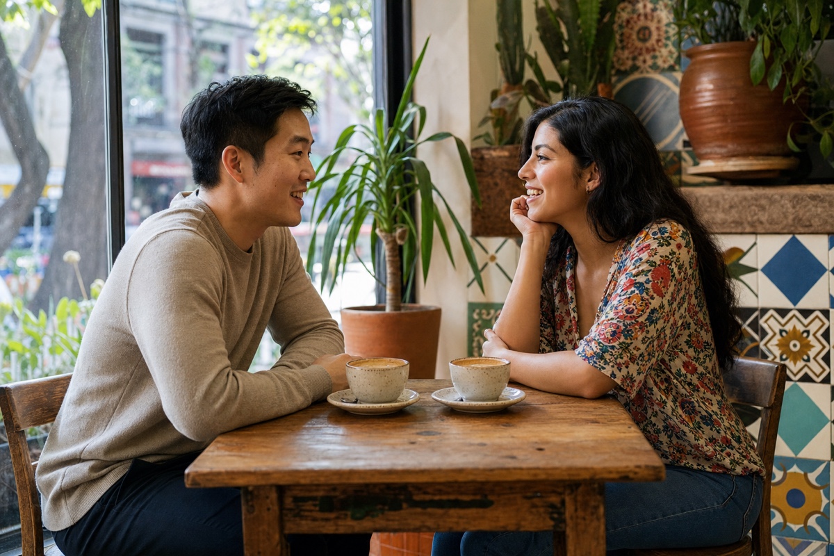 An East Asian man and a Mexican woman on a first date at a Mexico City café, mid-conversation and reading each other across the table