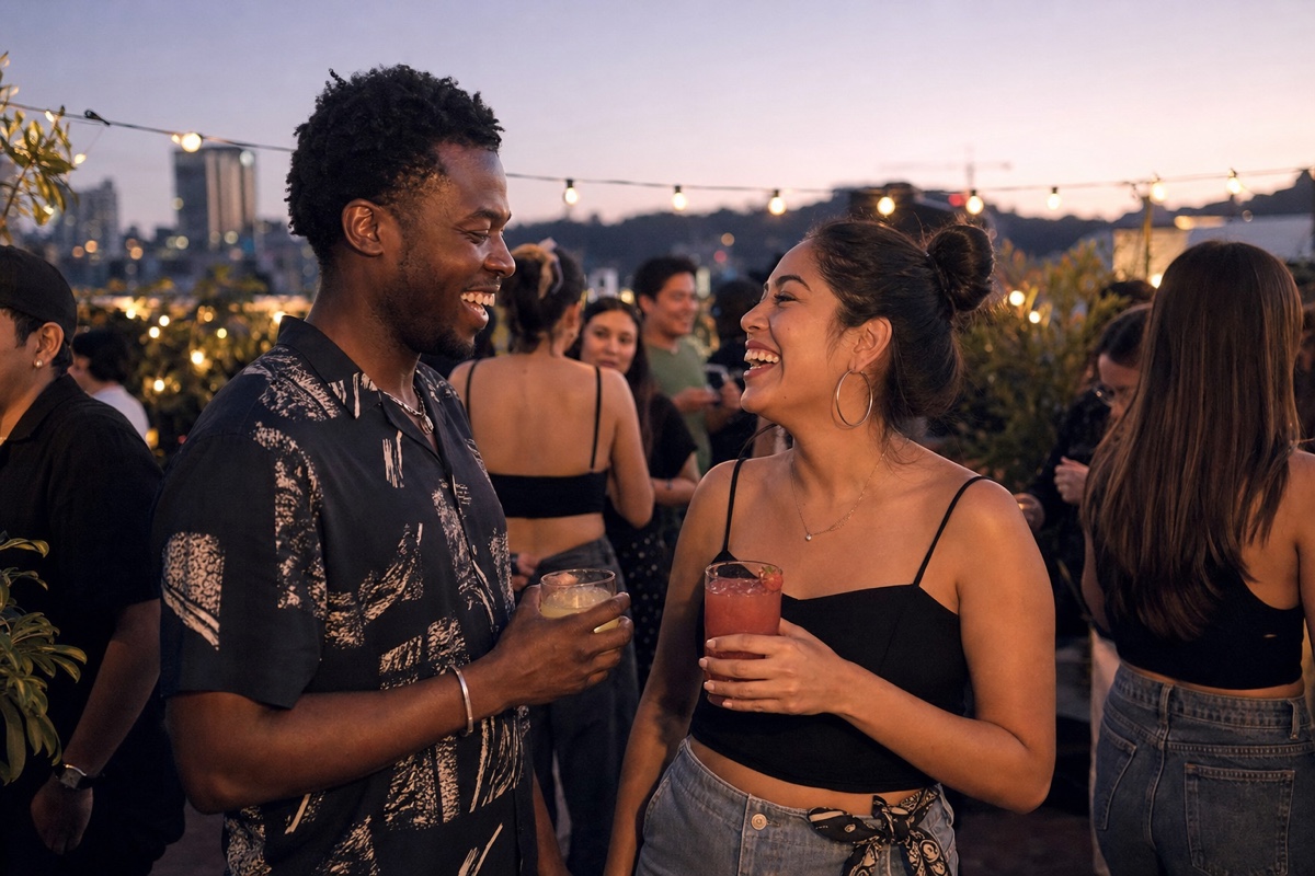 A young Black man and a Mexican woman laughing at a rooftop party in Condesa, city lights and other guests in the background