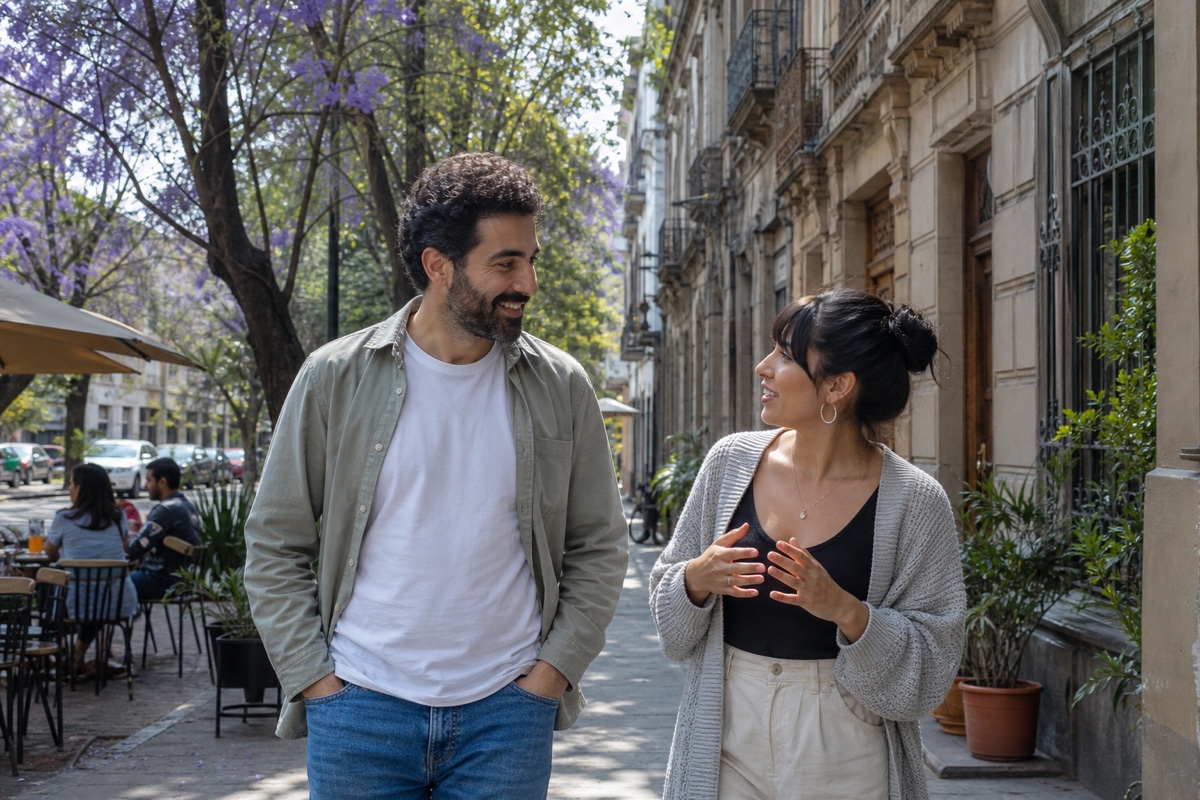 A Middle Eastern man and a Mexican woman walking a tree-lined street in Roma Norte, cafés and old facades along the block