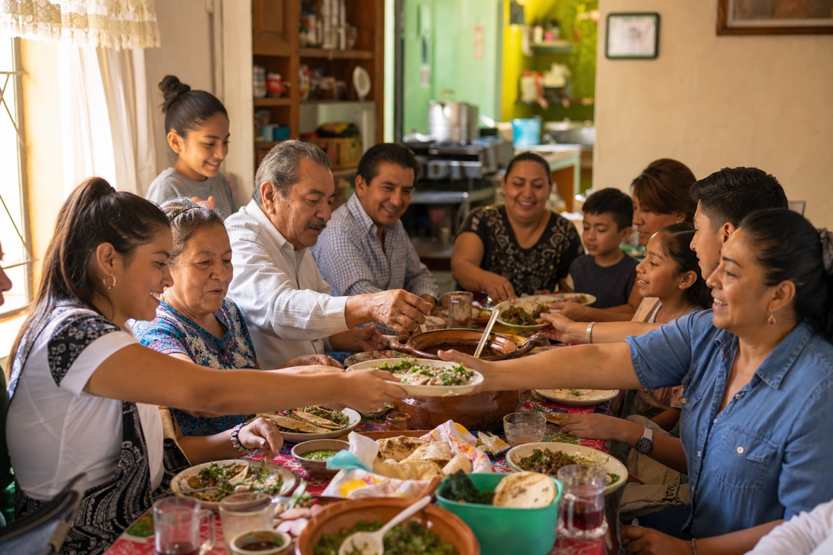 A long multigenerational Mexican family gathered around a Sunday comida table full of dishes, everyone talking and passing food