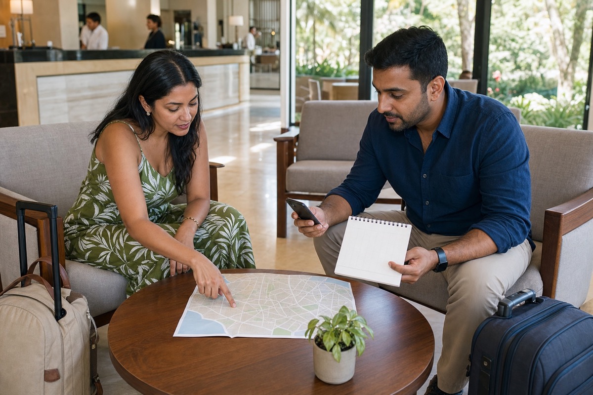 A Nicaraguan woman and a different foreign visitor setting one city radius, stay dates, and relationship intent in a dating profile