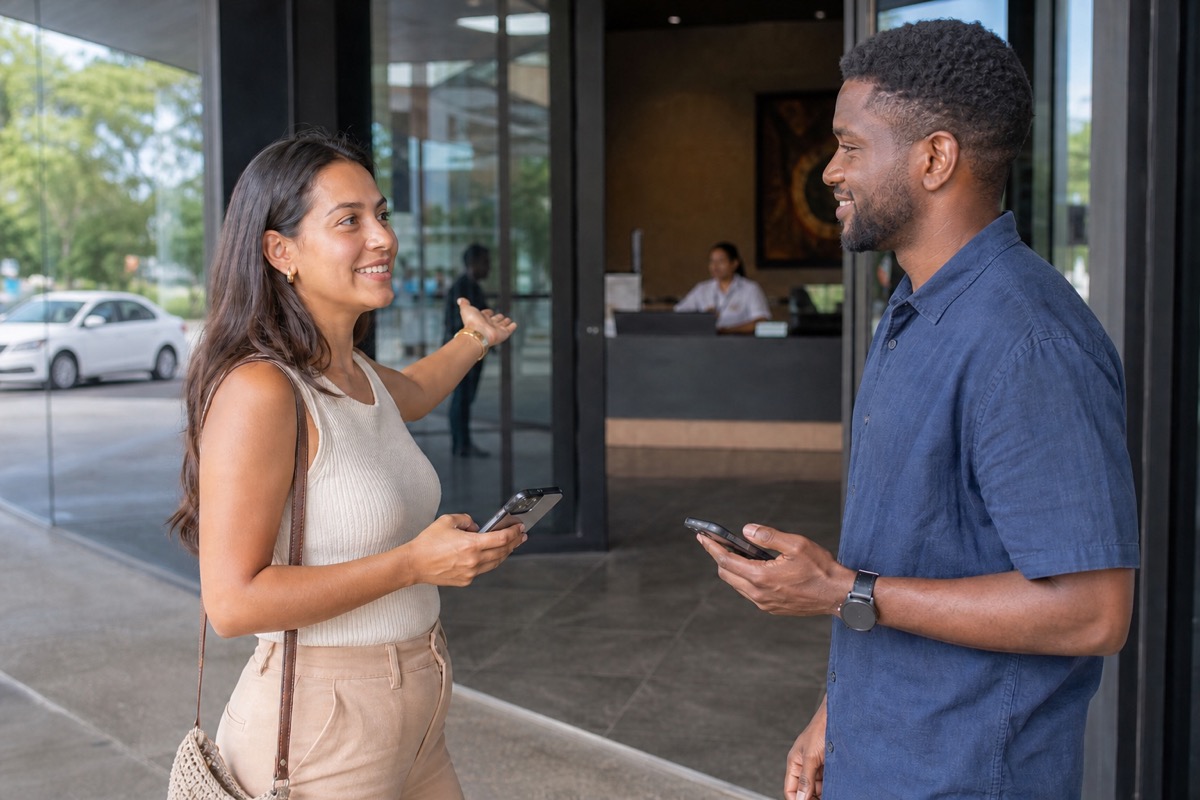 A Nicaraguan woman and a different foreign man agreeing on a day, public address, and separate rides by phone