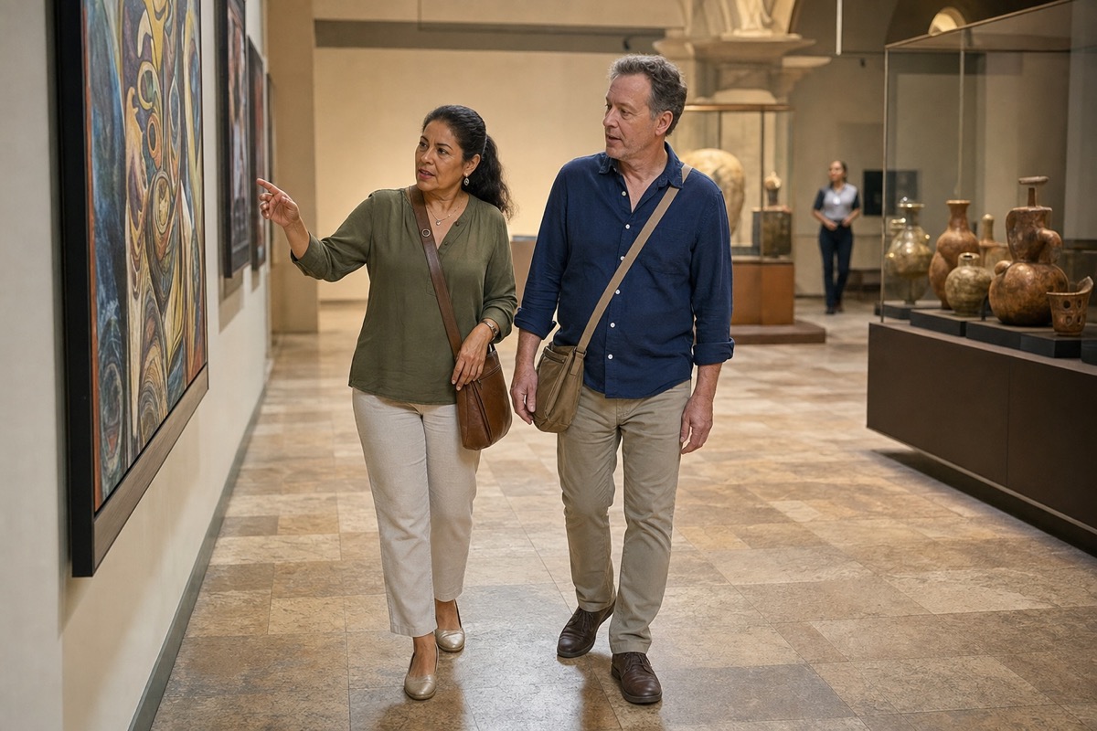 A Nicaraguan woman and a different foreign man meeting inside the National Museum in Managua with their return rides arranged