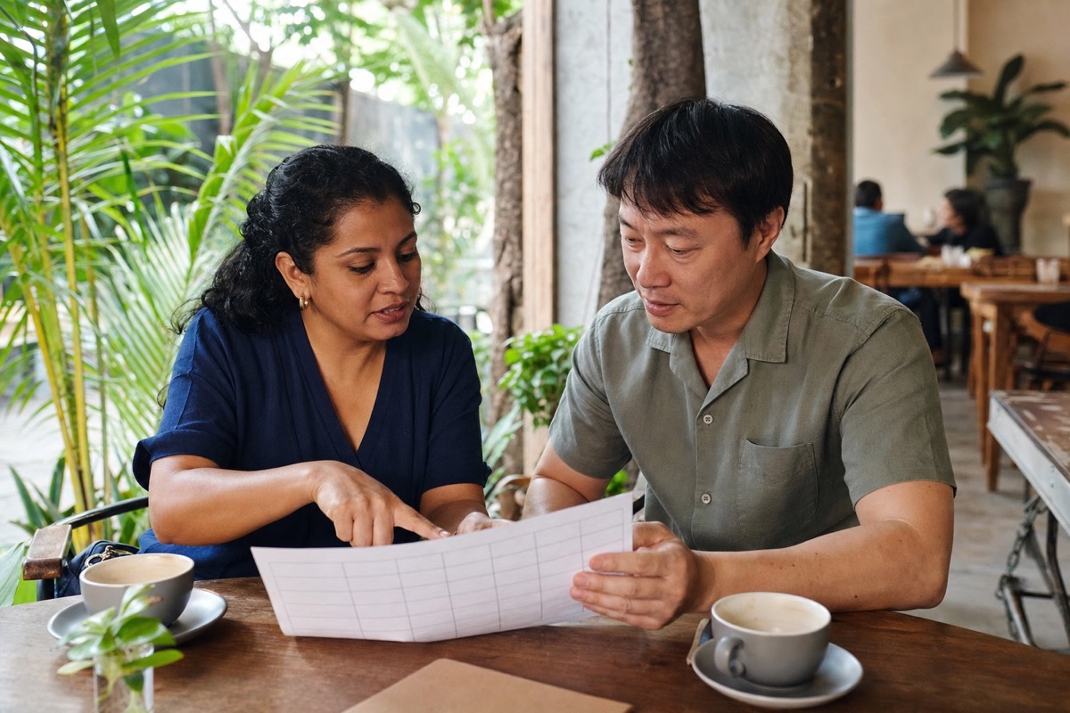 A Nicaraguan woman and a different foreign visitor comparing work hours, family commitments, and free evenings on a calendar