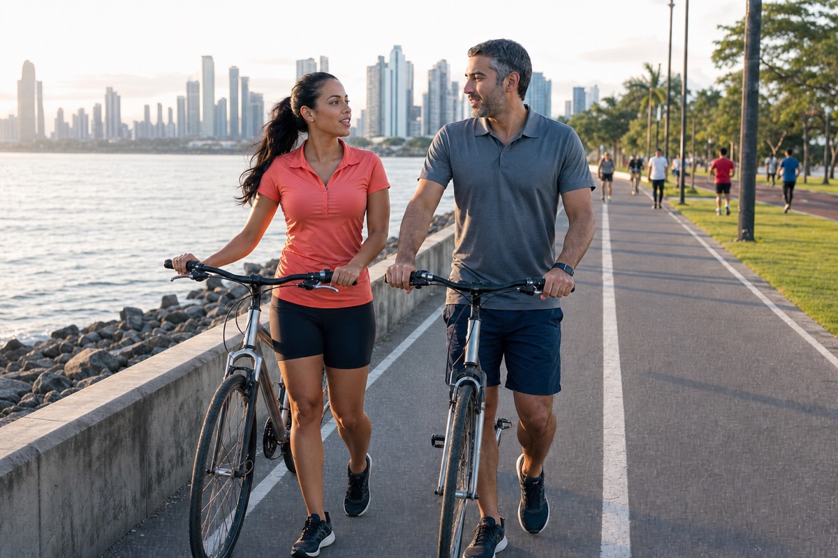 A Panamanian couple walking bicycles on the Amador Causeway before sunset with the Panama City skyline behind them