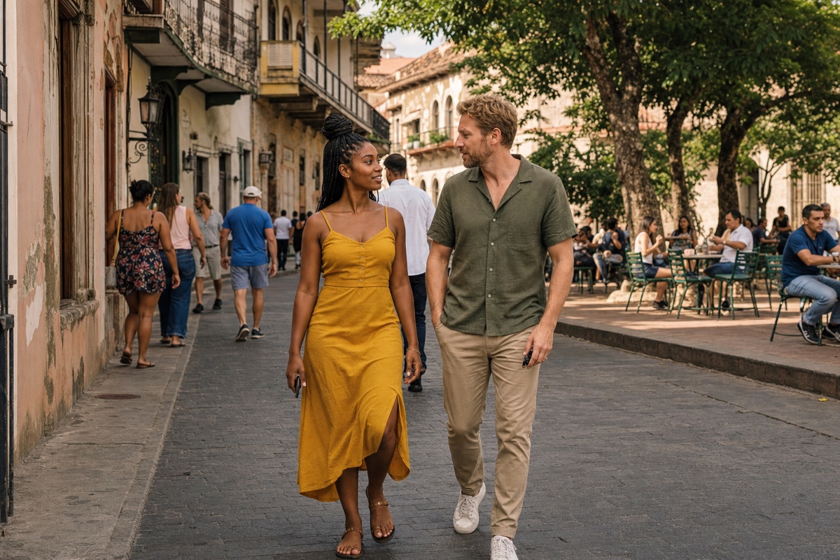 A local couple walking between public plazas and cafes in Casco Antiguo during late afternoon