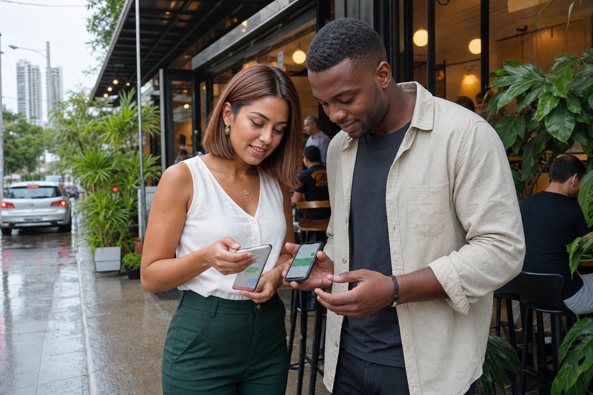 Two people confirming a Panama City cafe map pin and ride-share plate number before a first date