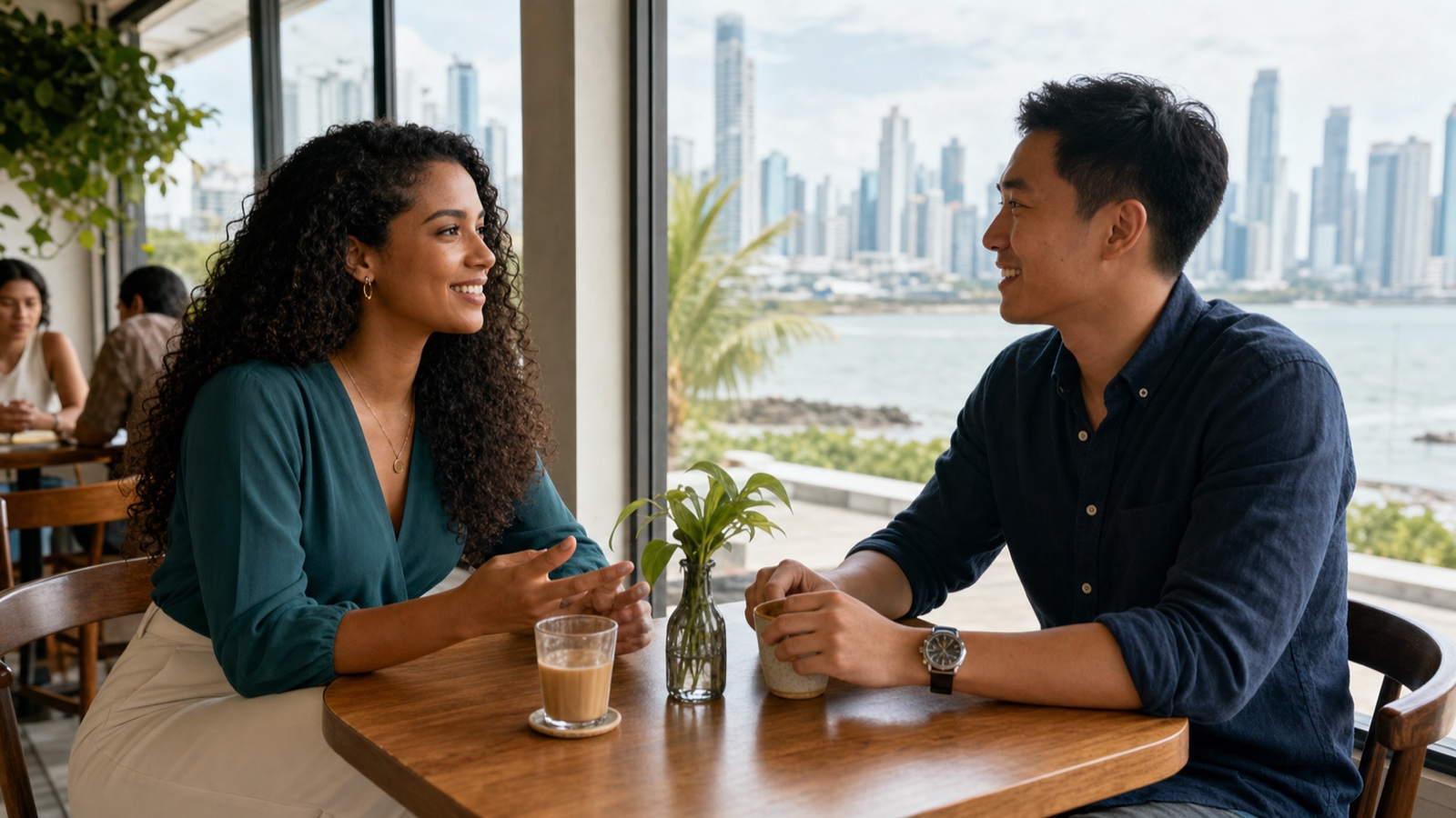 A Panamanian woman and a foreign man meeting at a bright public cafe in Panama City with the skyline beyond the windows