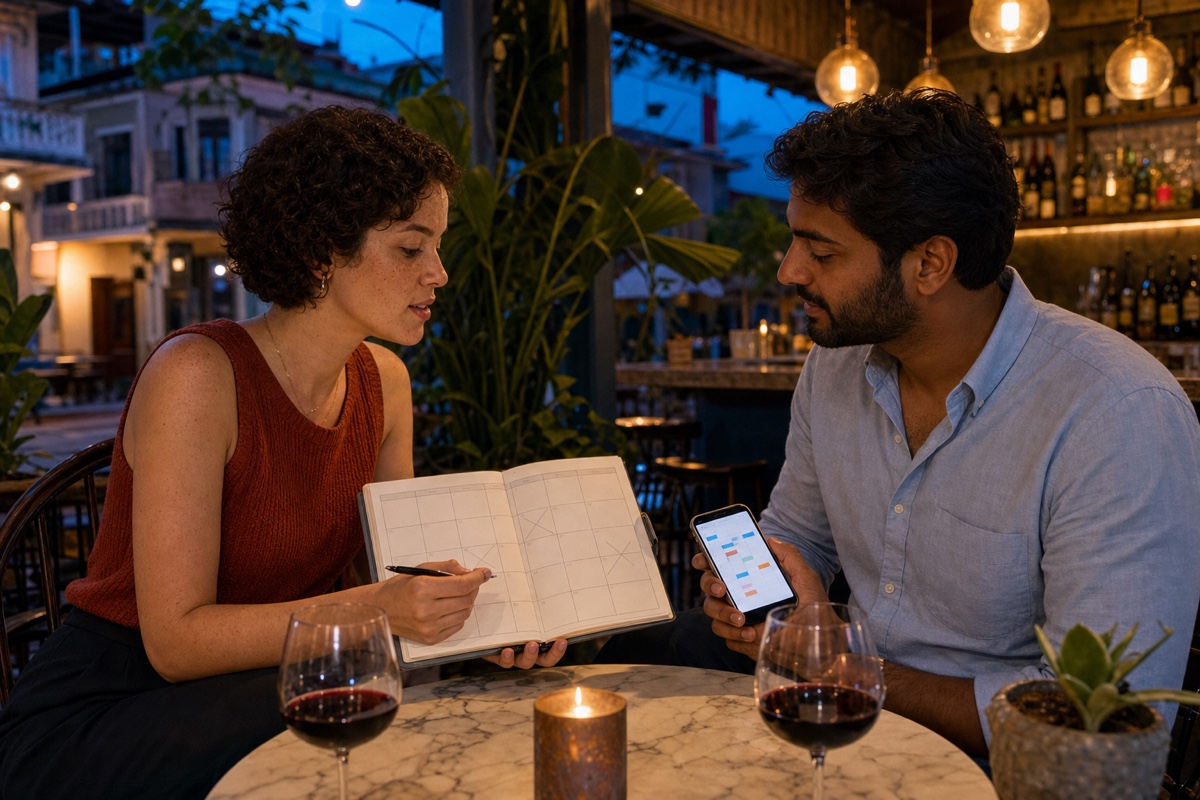 A Panamanian woman and a foreign man comparing their work and travel calendars over a quiet evening drink
