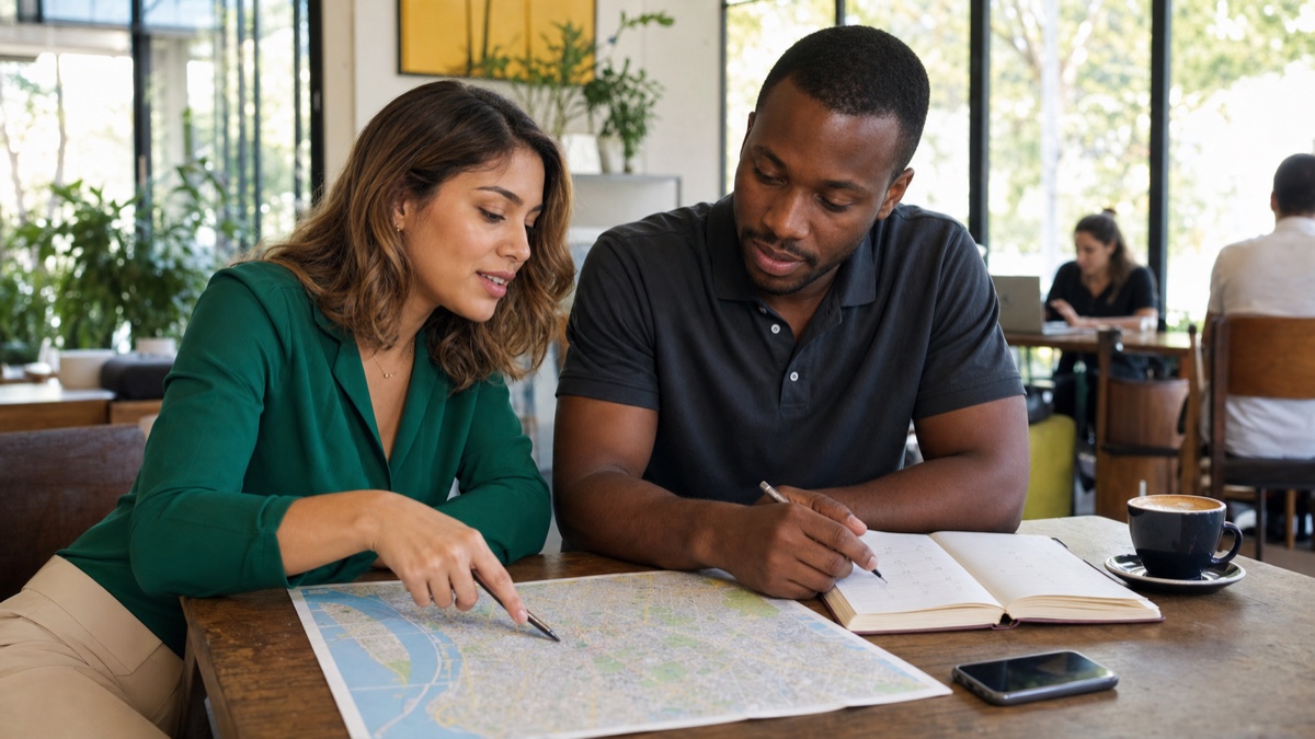 A Paraguayan woman and a foreign visitor comparing an Asuncion-area map, weekday schedules, and the visitor's departure date