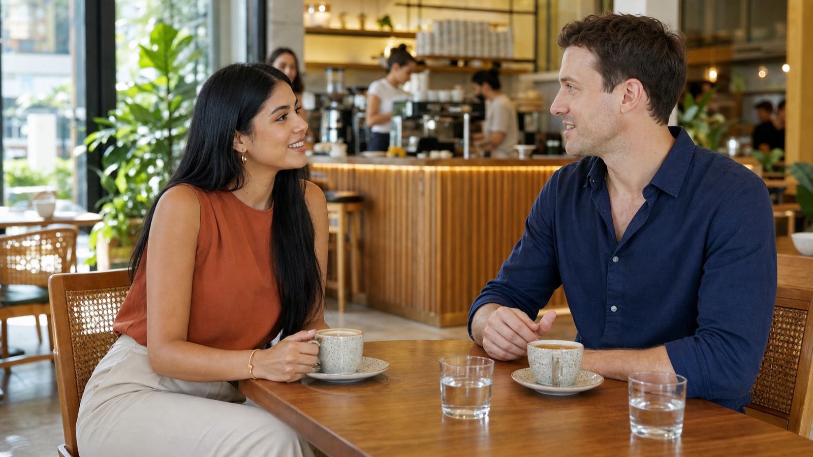 A Paraguayan woman and a foreign man meeting at a bright staffed cafe in Asuncion