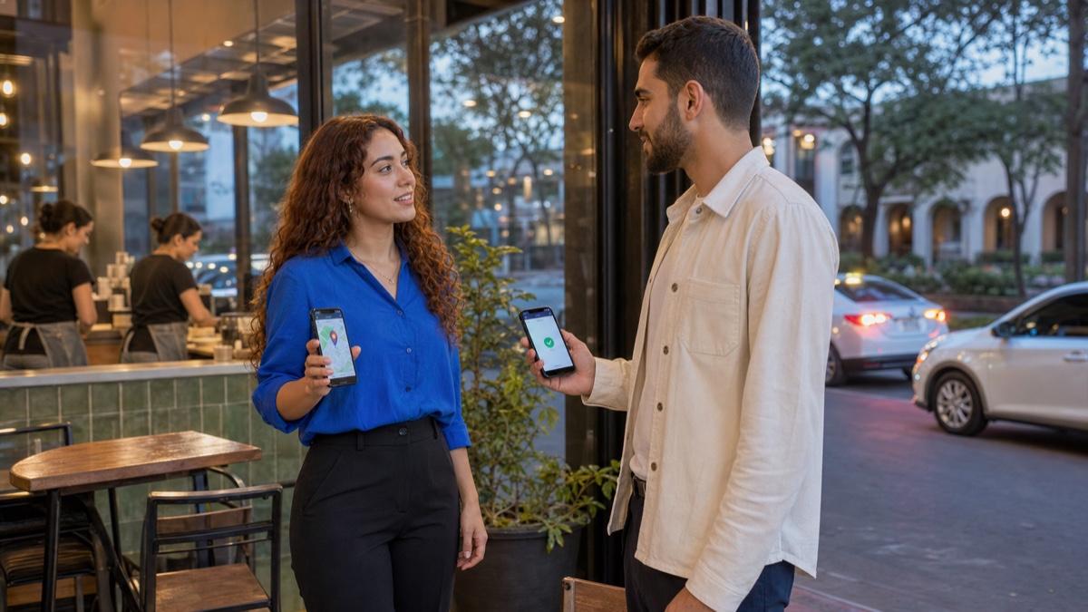 A Paraguayan woman and a different foreign man confirming a named public cafe, separate rides, and a friend check-in before a first date