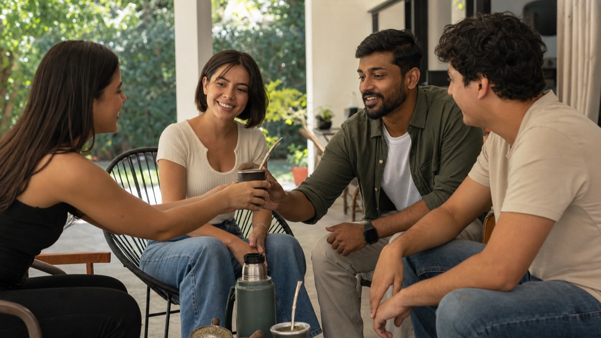 A Paraguayan woman and a foreign visitor sharing tereré with friends at a contemporary family gathering