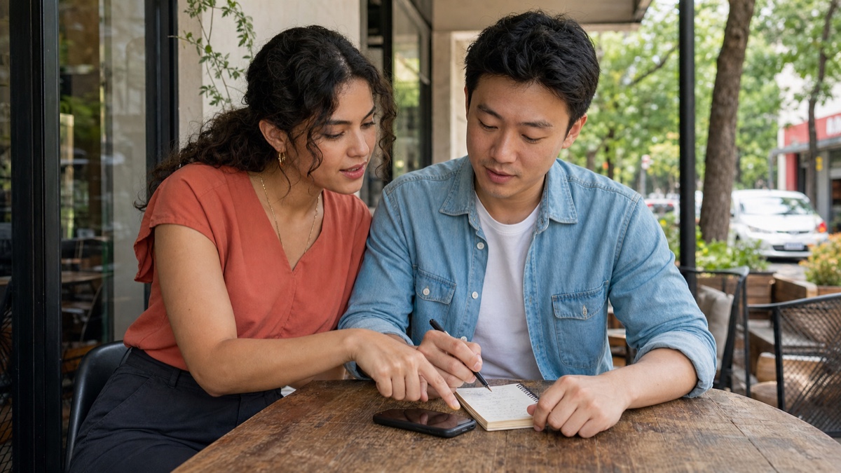 A Paraguayan woman and a different foreign man comparing a Spanish message, a translated Guarani phrase, and a clear date plan