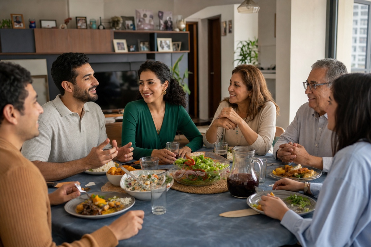A multi-generational Peruvian family welcoming a guest to Sunday lunch at home