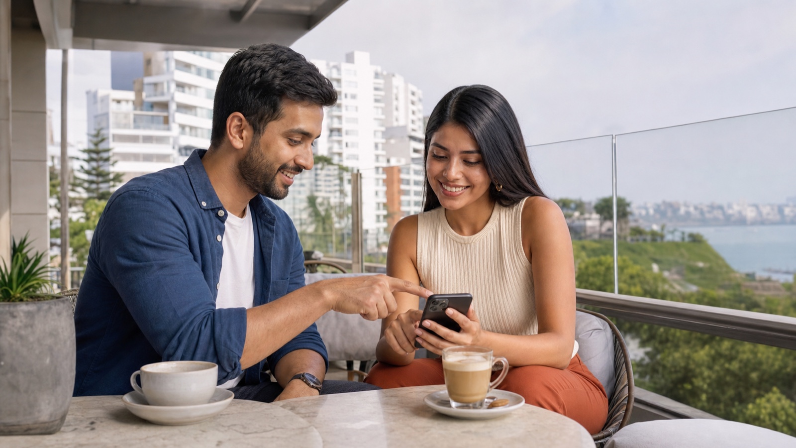 A Peruvian woman and a foreign man planning a date over coffee on a bright Lima terrace