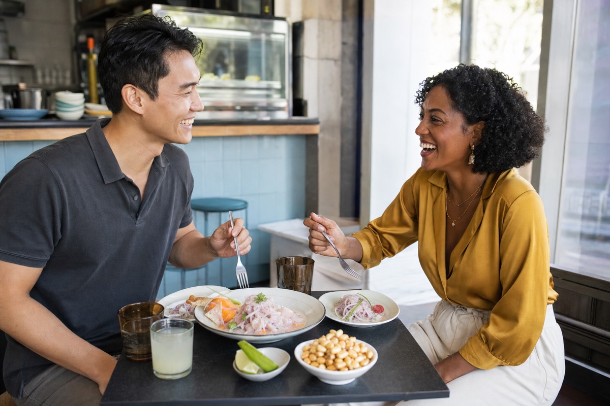 A Peruvian couple sharing ceviche and conversation at a casual Lima lunch counter