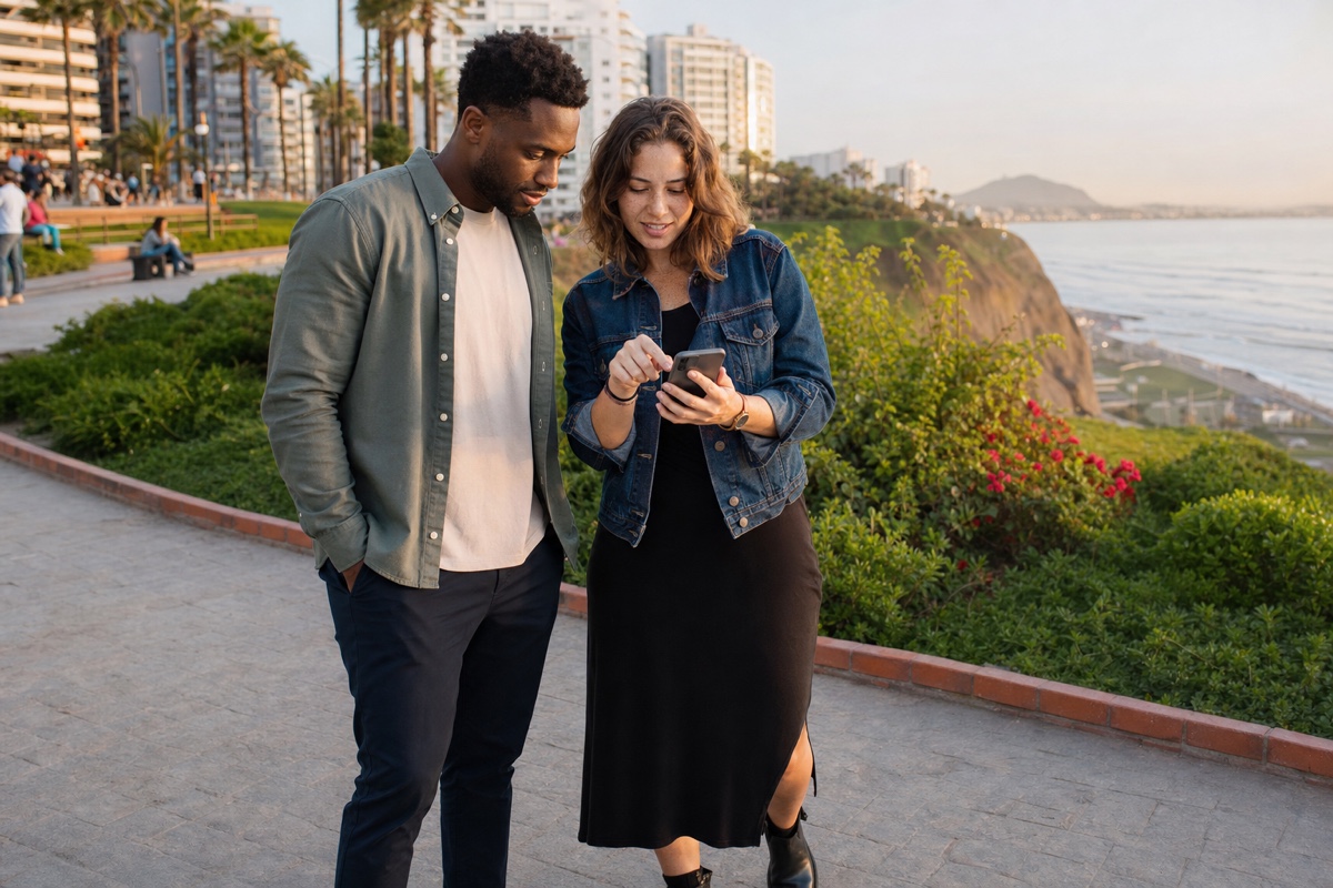 Two people checking a map pin beside Lima's clifftop park before an evening date
