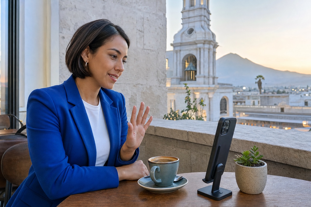 A woman in Arequipa recording a friendly video call before an in-person date