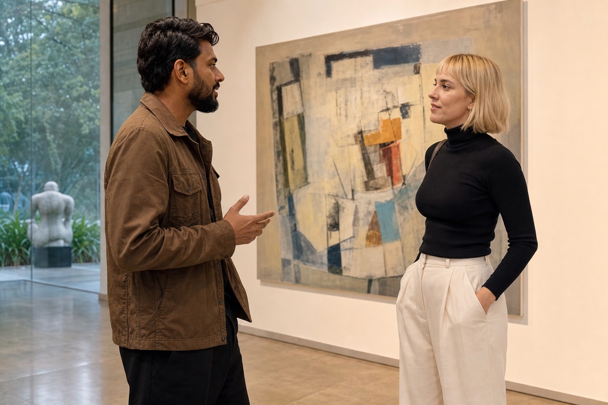A Uruguayan woman and a different foreign man discussing a painting inside the national art museum near Parque Rodó