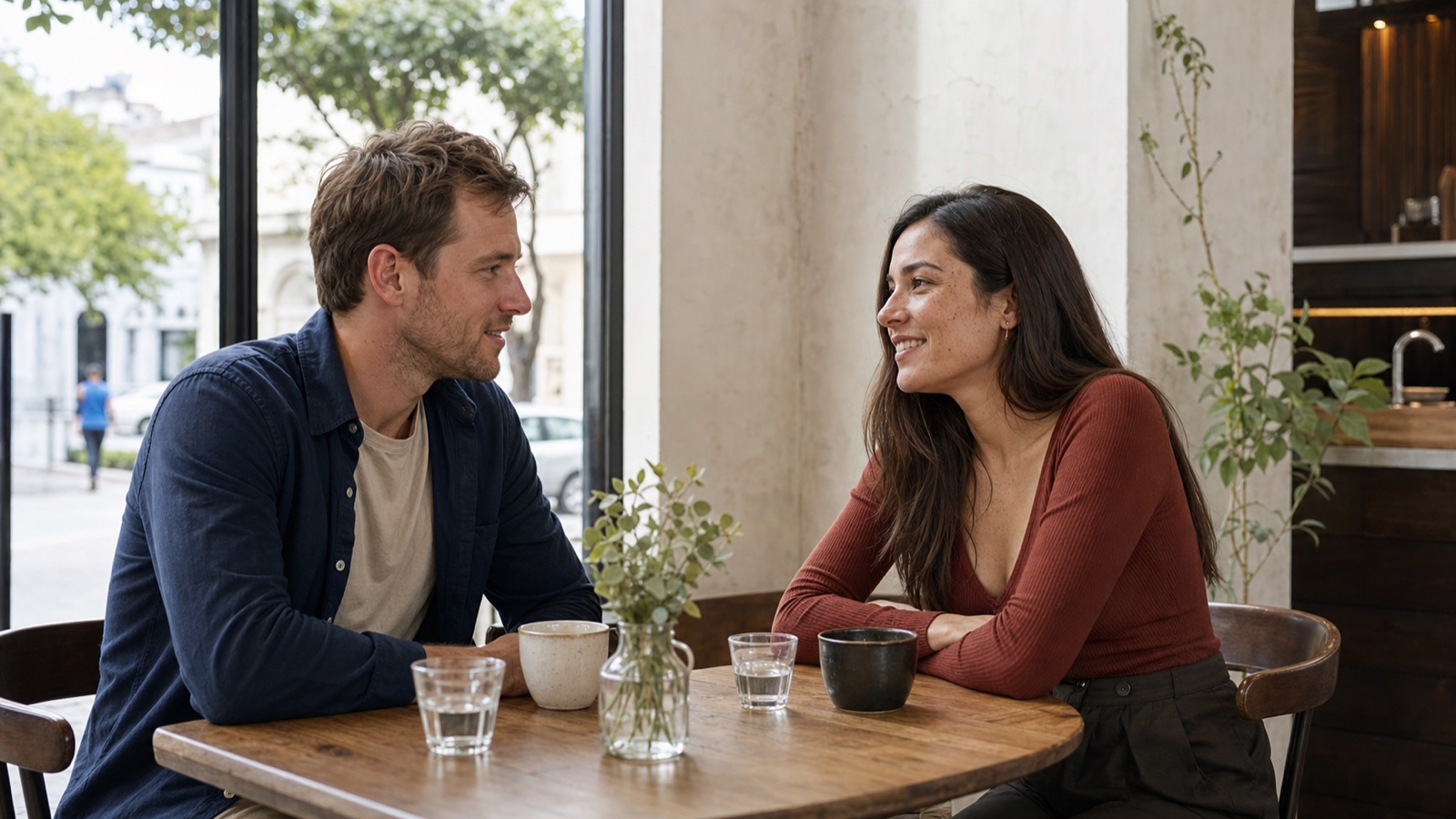 A Uruguayan woman and a foreign man meeting for daytime coffee in Montevideo