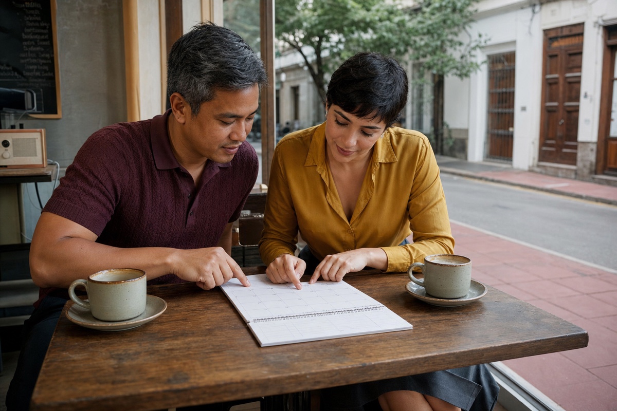 A Uruguayan woman and a different foreign partner choosing a repeatable weekday plan at a neighborhood table in Montevideo