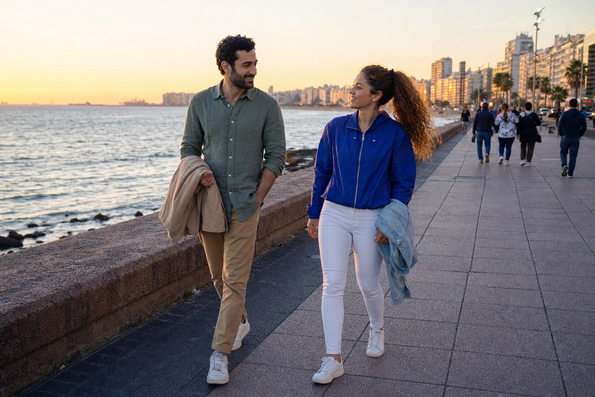 A Uruguayan woman and a different foreign man taking a sunset walk on Montevideo's waterfront promenade