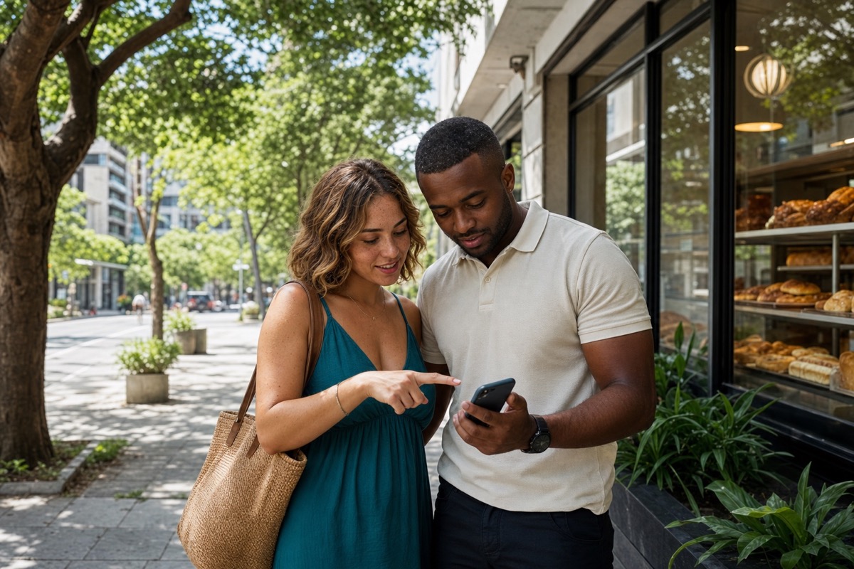 A Venezuelan couple choosing a bakery and short walking route on a phone map in Los Palos Grandes