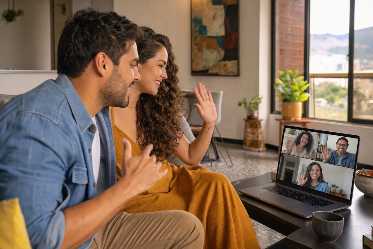 A Venezuelan couple joining a warm family video call with relatives living in different countries