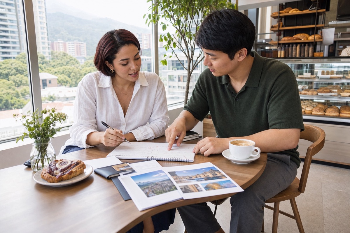 A Venezuelan woman and a foreign man comparing travel dates and relationship plans at a bright Caracas bakery