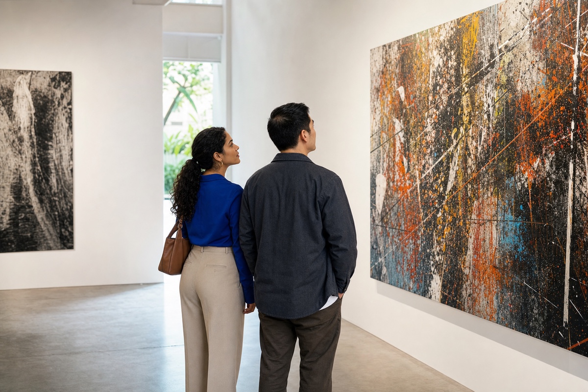 A Peruvian woman and foreign man looking at contemporary art together during a daytime date at a Barranco museum