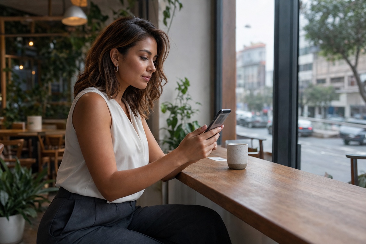 A Peruvian woman reading a clear dating profile on her phone while sitting at a window table in a modern Lima café