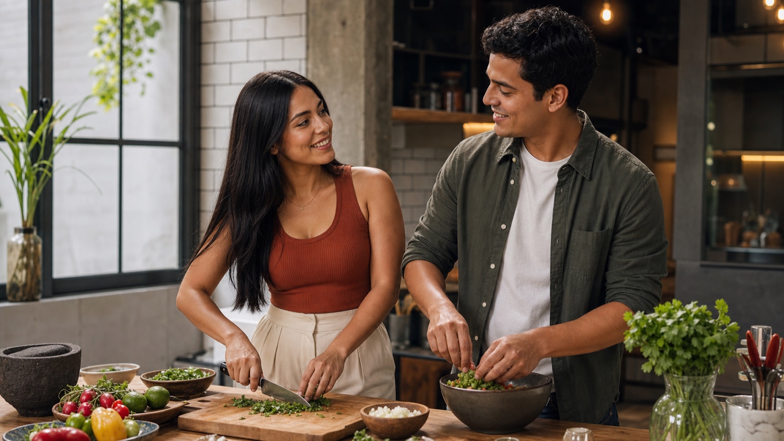 Hombres y mujeres mexicanos conversando durante un taller de cocina en Ciudad de México