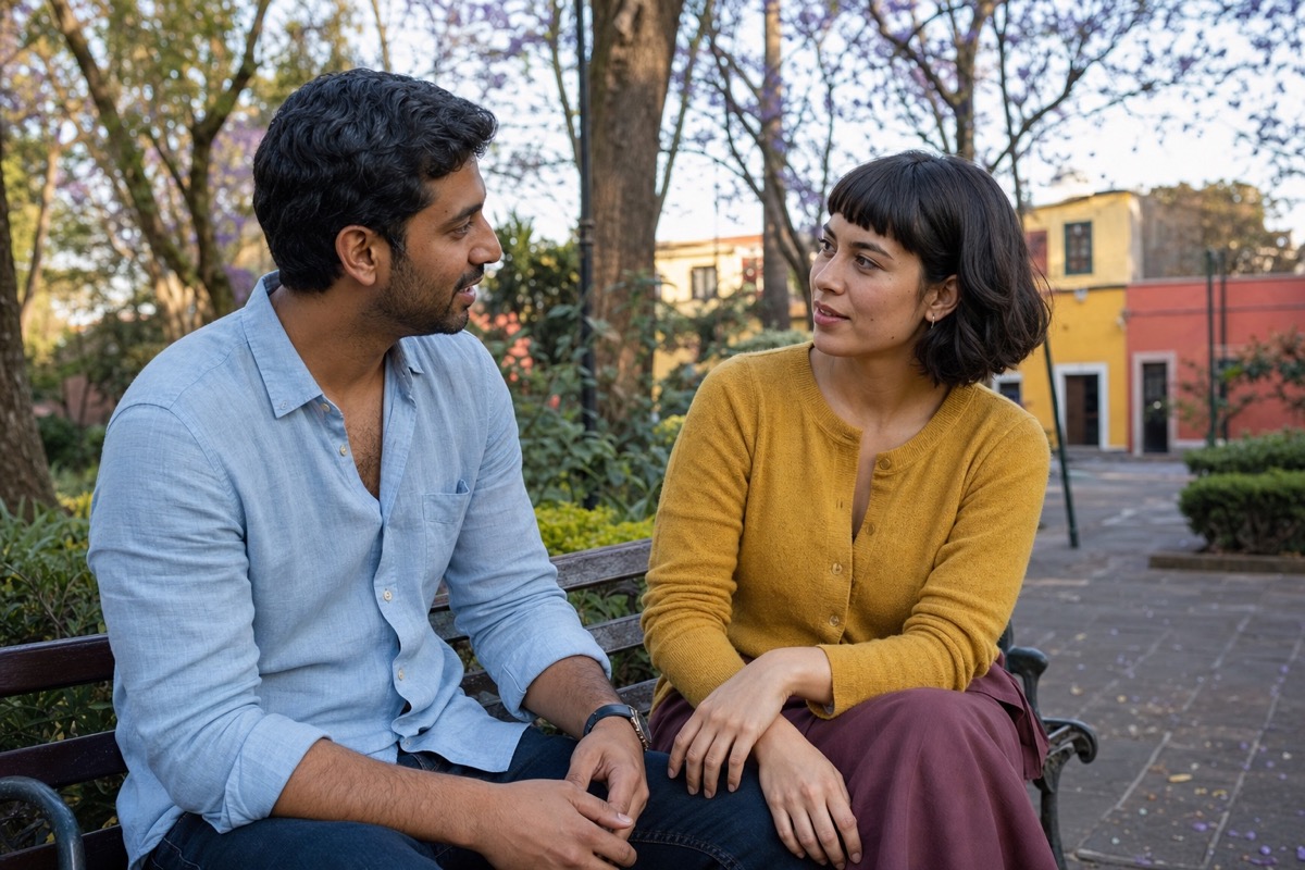 A Mexican woman and a foreign man having a calm conversation about becoming novios while walking through a neighborhood park