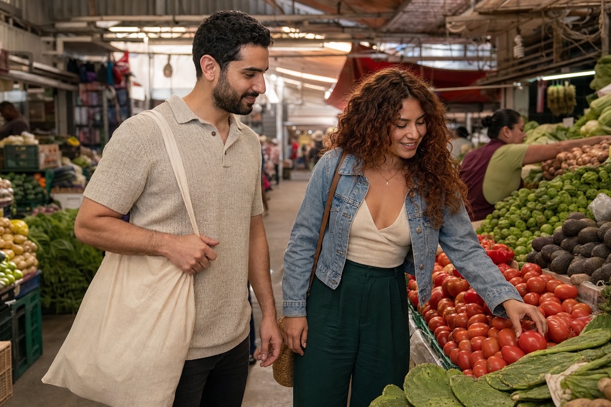 A foreign visitor and his Mexican partner shopping for produce together at a neighborhood market after work