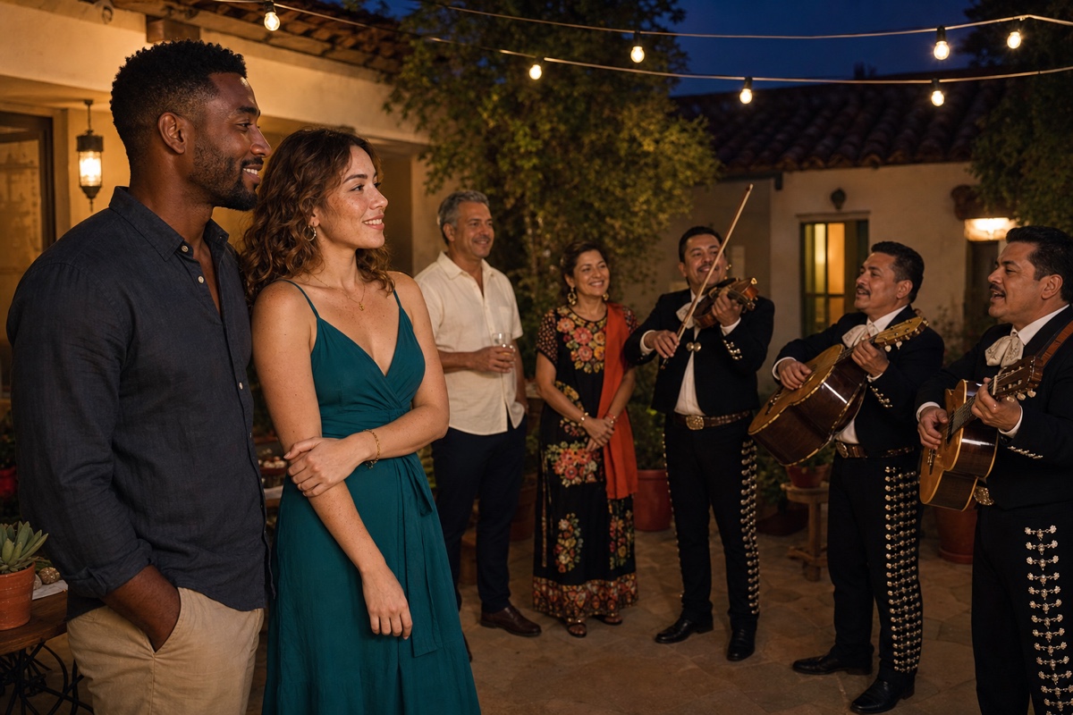A small mariachi ensemble performing a welcomed evening serenade in a Mexican courtyard while a couple and family listen