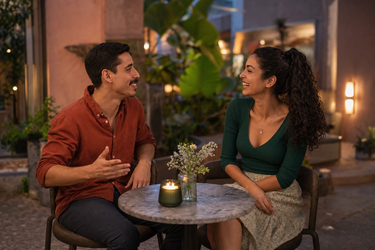 Pareja mexicana platicando y riendo durante una cita en una cafetería