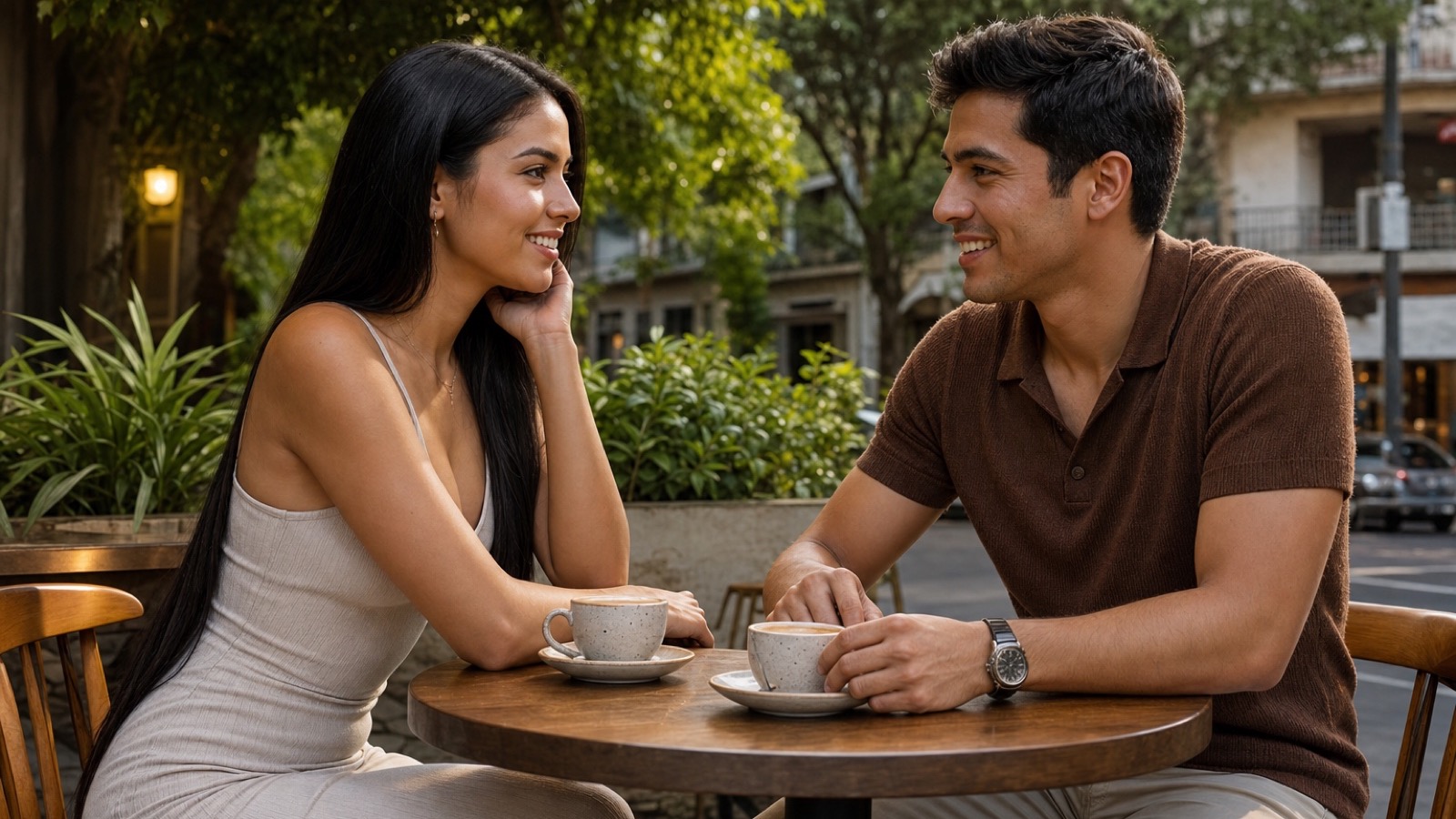 Pareja mexicana tomando café durante una primera cita en una terraza urbana