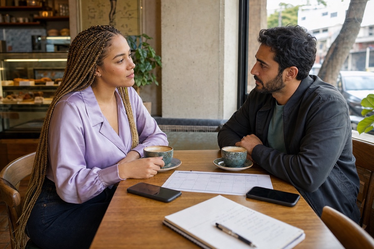A Venezuelan woman and a foreign man discussing exclusivity and future plans over coffee in Caracas