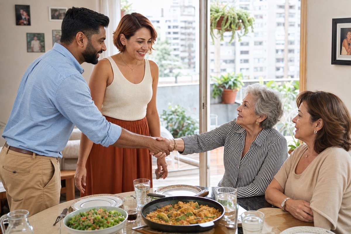 A Venezuelan woman introducing her foreign partner to her mother and grandmother at a family lunch