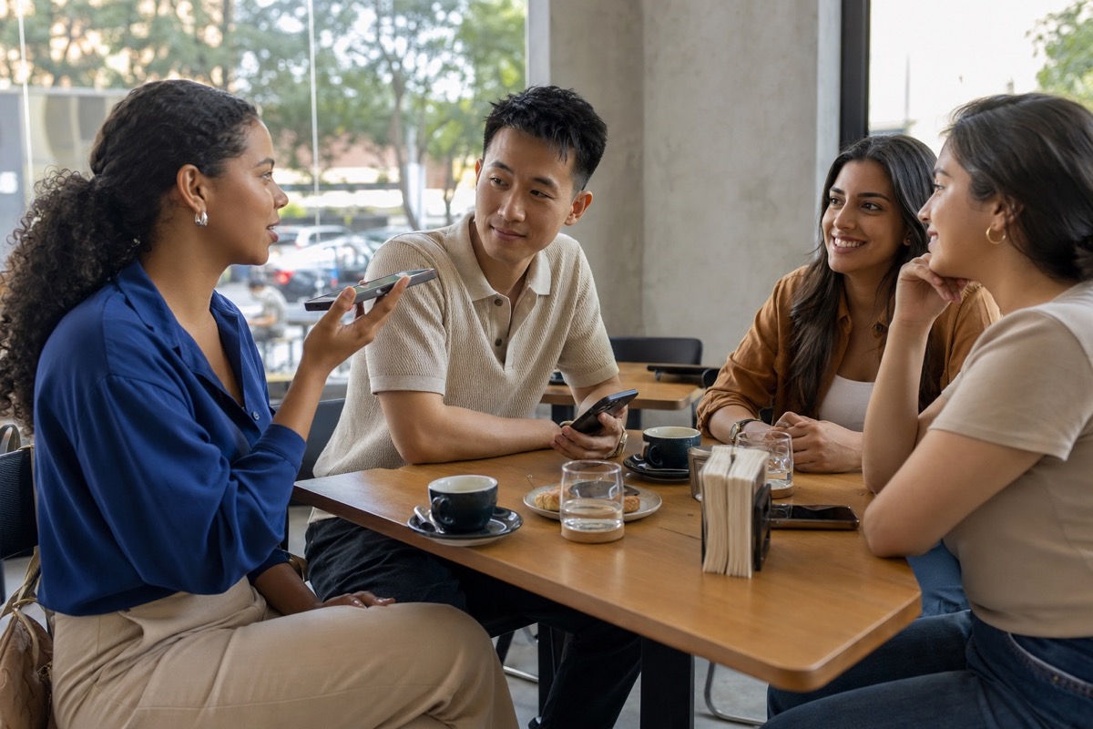 A Venezuelan woman and a foreign man exchanging voice notes before joining friends at a Caracas cafe